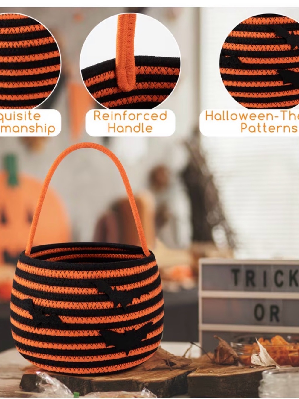 Halloween Striped Trick-or-Treat Basket - Orange & Black cotton rope basket